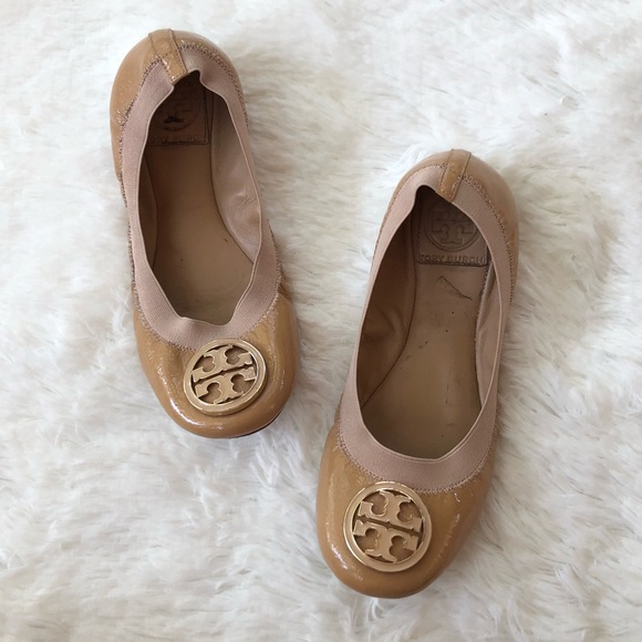 TORY BURCH • Caroline Nude Patent Leather Ballet Flats Stretch Size 5.5 - Picture 3 of 16